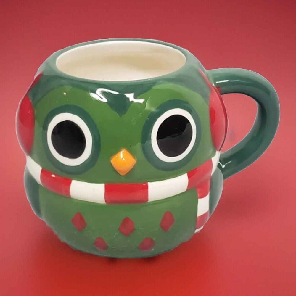 Mesa Home Products‎ 3D Holiday Owl Coffee Tea Mug Hand Painted Ceramic Green Red
